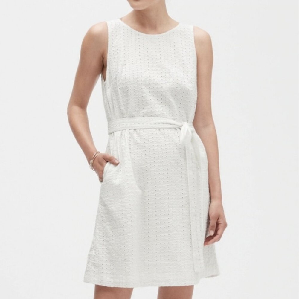NWT Banana Republic White Eyelet 100% Cotton Short, Waist-Tie Romantic Dress